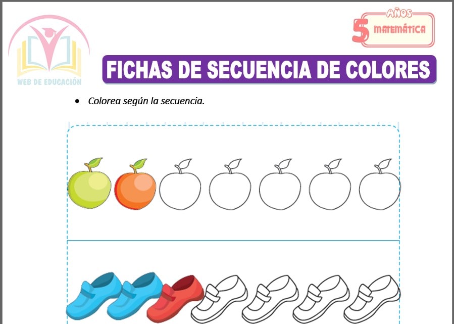 Fichas de secuencia de colores para cinco años