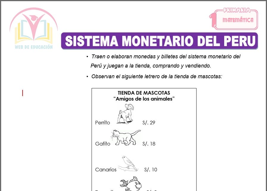 Sistema monetario del Perú para primero de primaria